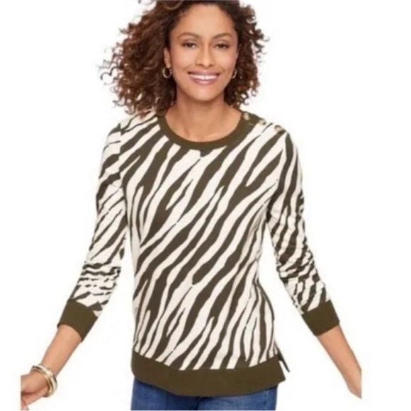 Talbots Tops - Talbots Womens Sweatshirt Zebra Print button shoulder animal print cozy